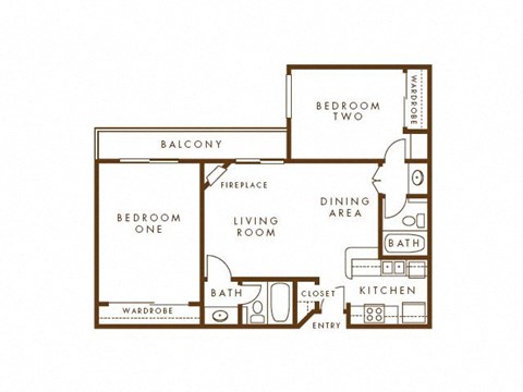 Floor plan for 2 beds, 2 baths, 1070 sqft